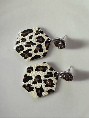 Round Druzy Top Leopard Print Hexagon Drop Earrings Creamy White & Brown Leather